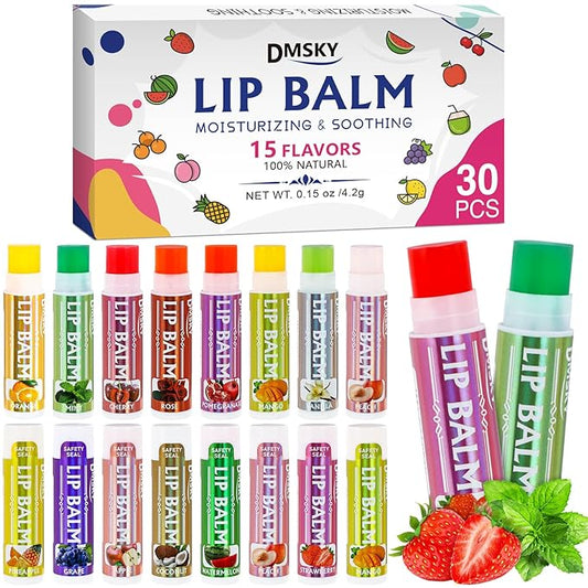 Dmsky Lip Balm 30 Pack, Colorful Lip Balm Bulk with Vitamin E and Coconut Oi, Hydrating Moisturizing Lip Balm Set for Men Women- 15 Flavors-Velvo Beauty
