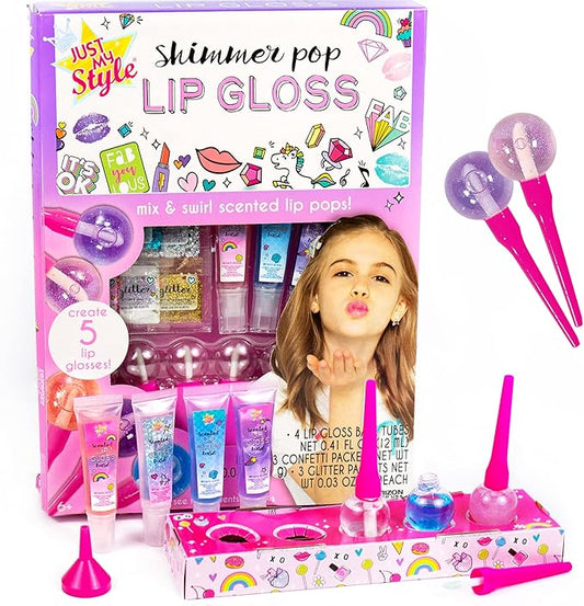 Just My Style Shimmer Pop Lip Gloss, Create 5 Lollipop-Shaped Lip Glosses, Includes Funnel, Empty Lip Gloss Containers, Sweet Lip Gloss Base, Body Glitter & More, DIY Lip Gloss, Multi (208316J)-Velvo Beauty