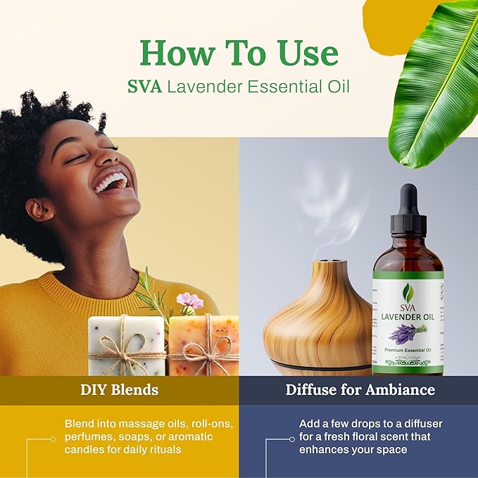 SVA Lavender Essential Oil – 4 Fl Oz – 100% Natural Lavender Oil - for Diffuser, Hair Care, Face, Skin Care, Aromatherapy, Scalp and Body Massage, Soap and Candle Making – with Dropper-Velvo Beauty