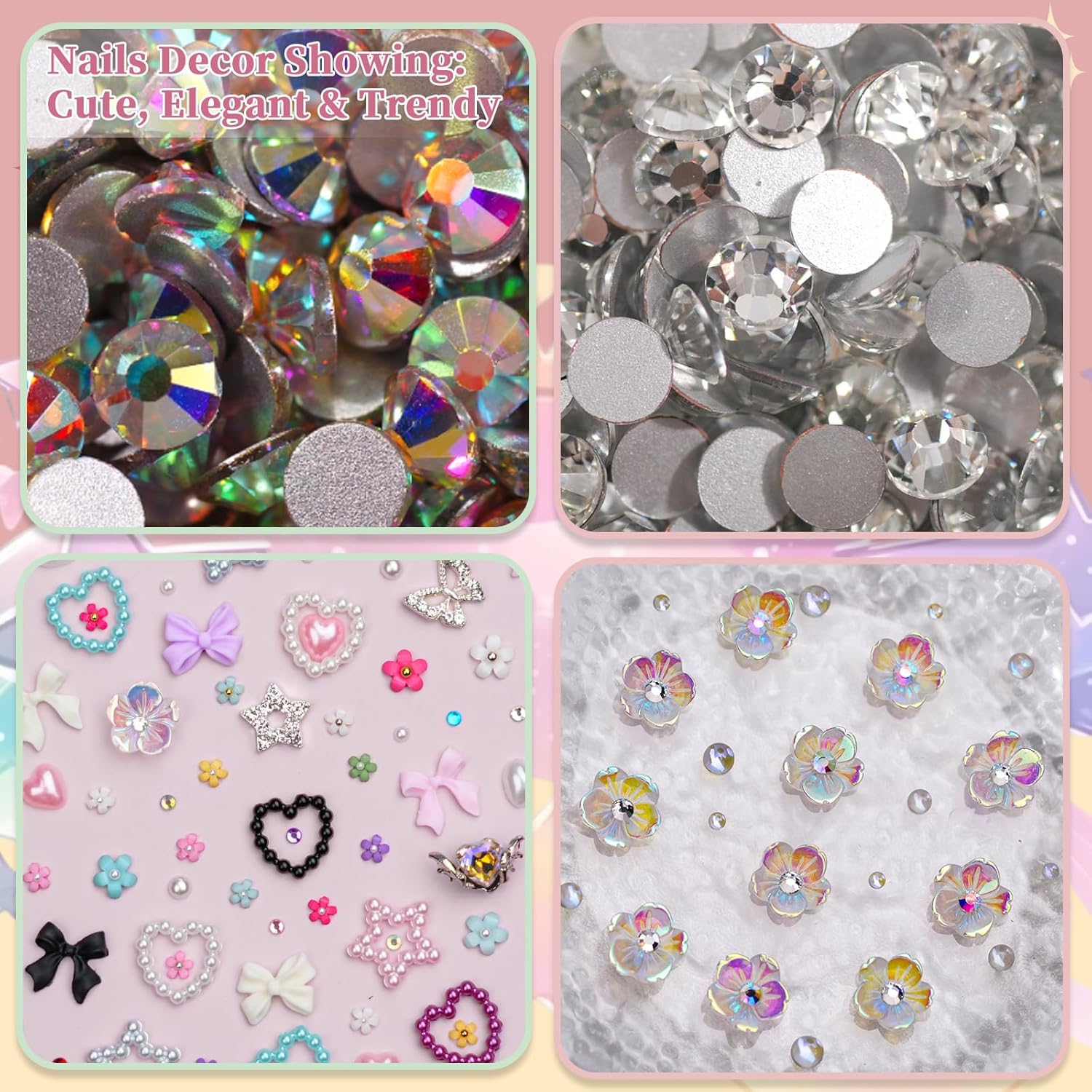 Nail Rhinestones , AB Crystal Nail Gems Flat Back Nail Rhinestones with Nail Pearls Star Heart Bows FLower Nail Charms and Rhinestone Picker Tools for Kwaii Y2K Nail Art Decor - 3 Boxes-Velvo Beauty
