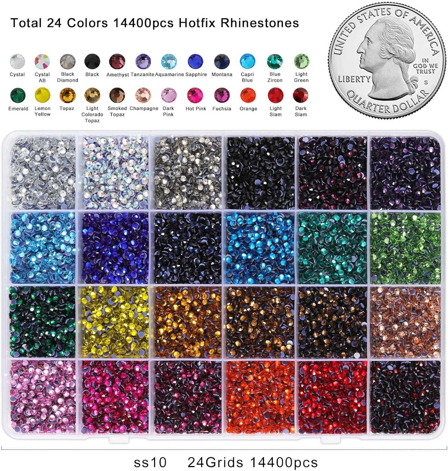 Hotfix Rhinestones Mixed 24 Colors, SS10 Rhinestones for Crafts Clothes, Hotfix Crystals with 1 Tweezers, 1 Wax Pencil and 1 Spoon-Velvo Beauty