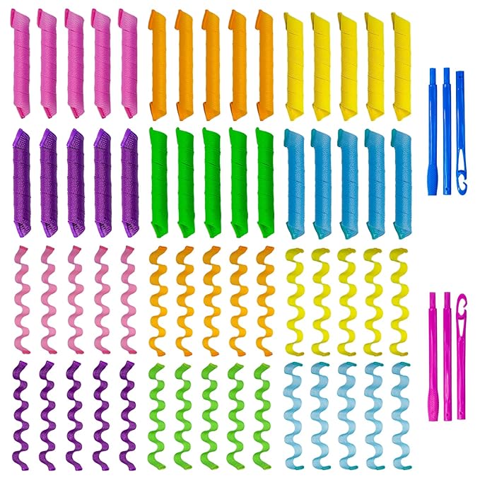 60pcs Heatless Hair Curlers Rollers Spiral and Wave Styling Kit with 2 Sets Styling Hooks,No Heat Curlers for Women Girl's Medium and Long Hair (17.8 Inch/45 cm)-Velvo Beauty