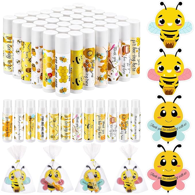 48 Sets Bee Lip Balm with Bee Themed Thank Card Tags Baby Shower Favor Bulk Bee Themed Gifts for Baby Shower Baptism Birthday Party Supplies Christmas Party-Velvo Beauty