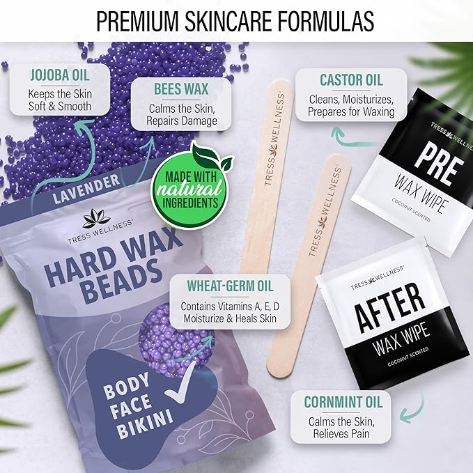 Tress Wellness Waxing Kit for Sensitive Skin – Safe for Face & Skin, Prep & Aftercare Spray, Easy to Use – At-Home Kit for Face, Bikini, Brazilian & Full Body – Black, No Display-Velvo Beauty