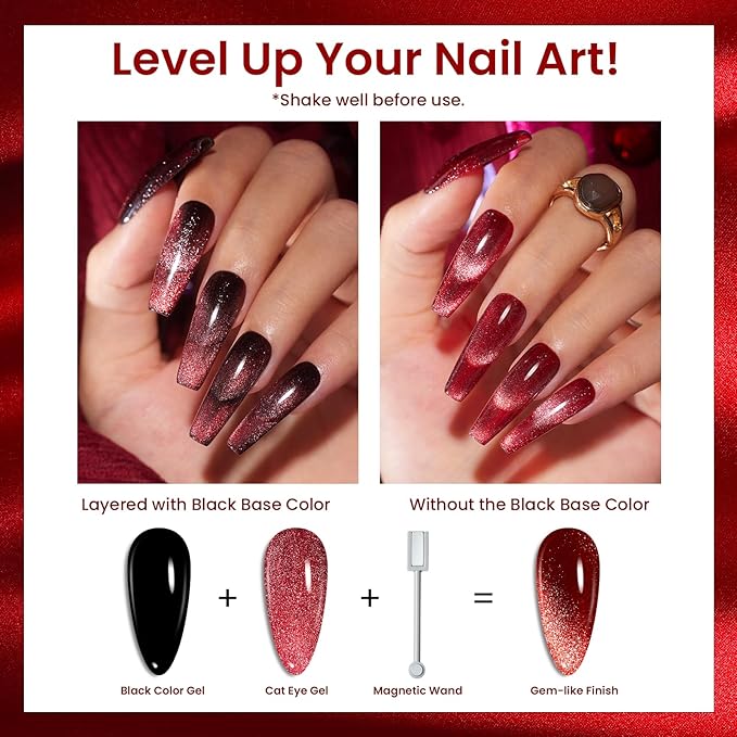 Beetles Cat Eye Gel Nail Polish Set, 6 Colors Glitter Red Pink Shiny Brown Burgundy Purple Blue Green Magnetic Effect Sparkle Stunning Nail Gel Polish Kit Soak Off UV Manicure Gifts for Women-Velvo Beauty