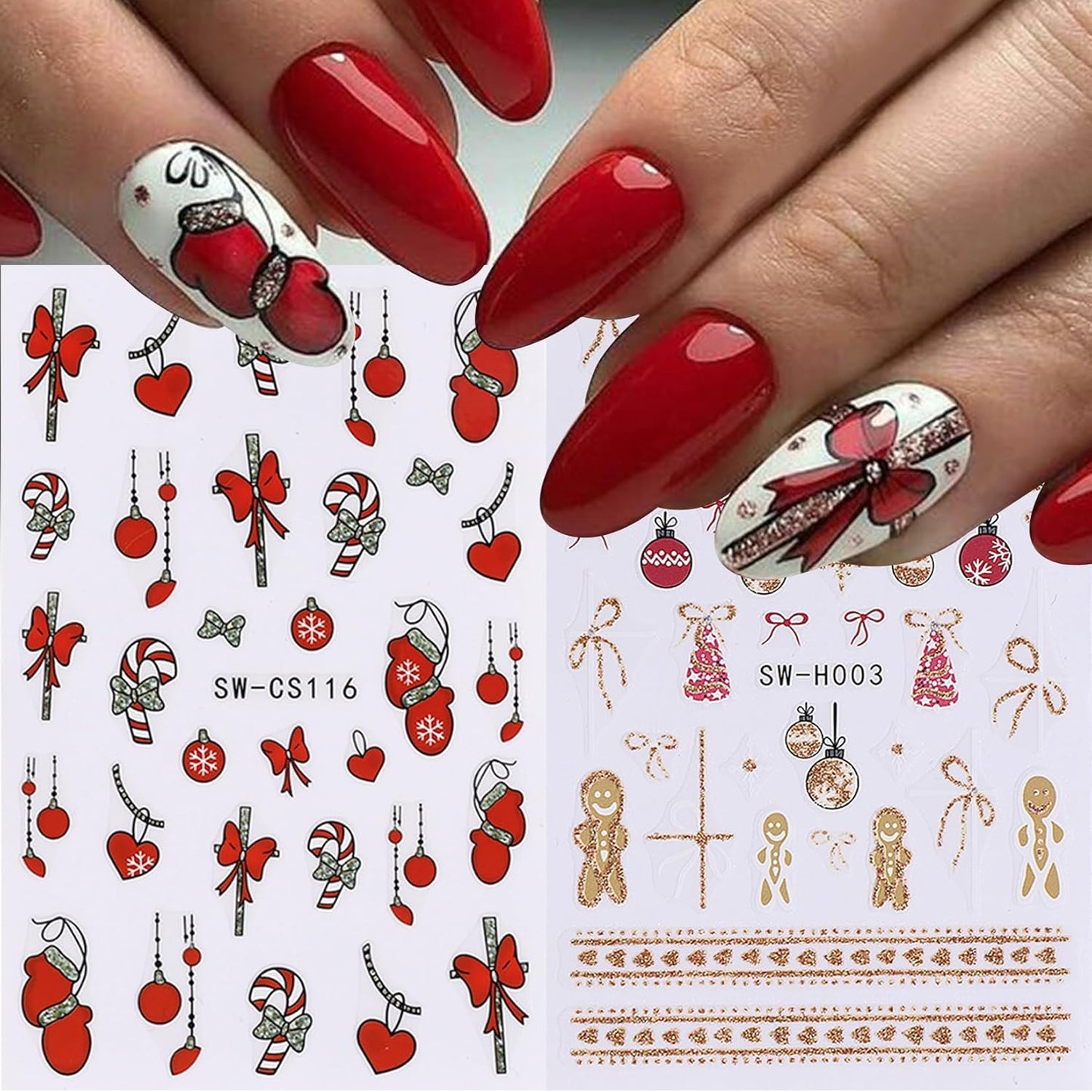 Glitter Christmas Nail Art Stickers 12 Sheets Sparkles Winter Nail Decals 3D Self Adhesive Nail Supplies DIY Santa Claus Gingerbread Man Snowflake Xmas Manicure Decoration DIY Supplies for Women Girl-Velvo Beauty