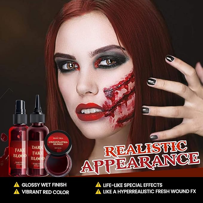 3Pcs Halloween Fake Blood Makeup Kit Realistic SFX Makeup Set - Blood Spray 2.03oz + Coagulated Blood 1.06oz + Dripping Blood 2.03oz, Edible Washable Special Effects Faux Blood for Zombie Vampire-Velvo Beauty