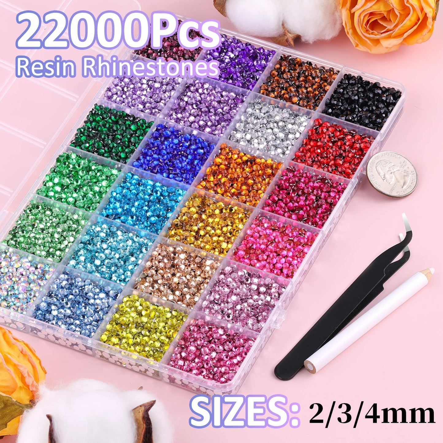 22000Pcs Resin Rhinestones for Bedazzling with Tweezers, Multicolor 2/3/4mm Rhinestones for Crafting with 3Pcs 10ml B7000 Jewelry Glue for DIY Crafts Clothing Tumblers Shoes Fabric Nail Art-Velvo Beauty