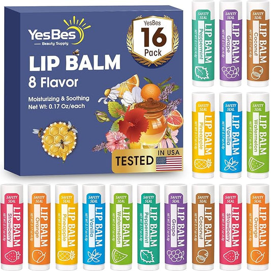 16 Pack Lip Balm, Natural Lip Balm Bulk with Vitamin E and Coconut Oil, Moisturizing Lip Balm for Dry Cracked Lips, Lip Balm for Stocking Stuffers - 8 Flavors-Velvo Beauty