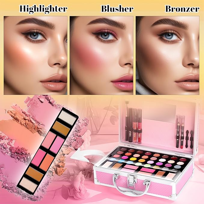 Beginner Makeup Kit for Teen,Makeup Gift Set for Girl Women,Beginner Makeup Kit with Cosmetic Train Case Included 32 Colors Eyeshadow Blusher Contour Lip Gloss Lip Liner Mascara Eyeliner Mirror-Velvo Beauty