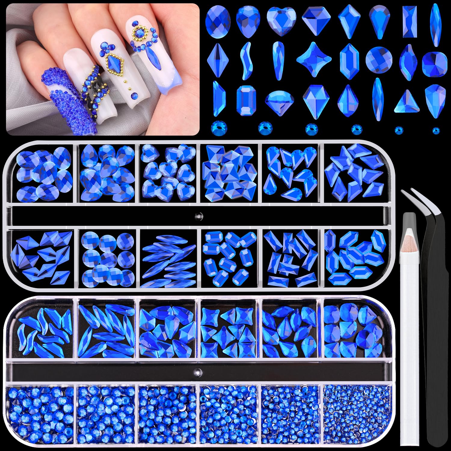 1680Pcs Royal Blue Glass Nail Rhinestones 180Pcs Multi Shapes Flatback Nail Gems + 1500Pcs 1.5-4mm Round Crystal, Manicure Nail Charms Diamond Gemstones for Acrylic Nails Decoration-Velvo Beauty