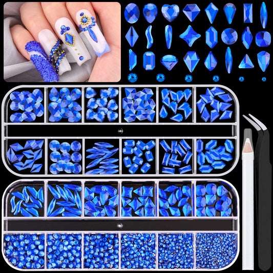 1680Pcs Royal Blue Glass Nail Rhinestones 180Pcs Multi Shapes Flatback Nail Gems + 1500Pcs 1.5-4mm Round Crystal, Manicure Nail Charms Diamond Gemstones for Acrylic Nails Decoration-Velvo Beauty