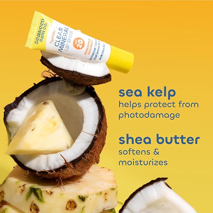 Seaweed Bath Co. Hydrating Clear Mineral Lip Shine SPF 20 Sunscreen Zinc Oxide Lip Balm, 0.28 Oz, Moisturizing Care for Dry, Chapped Lips-Velvo Beauty