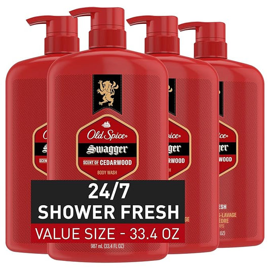 Old Spice Body Wash for Men, 24/7 Shower Fresh with Lasting Scent, Red Collection, Swagger with Cedarwood Scent, 33.4 fl oz (Pack of 4)-Velvo Beauty