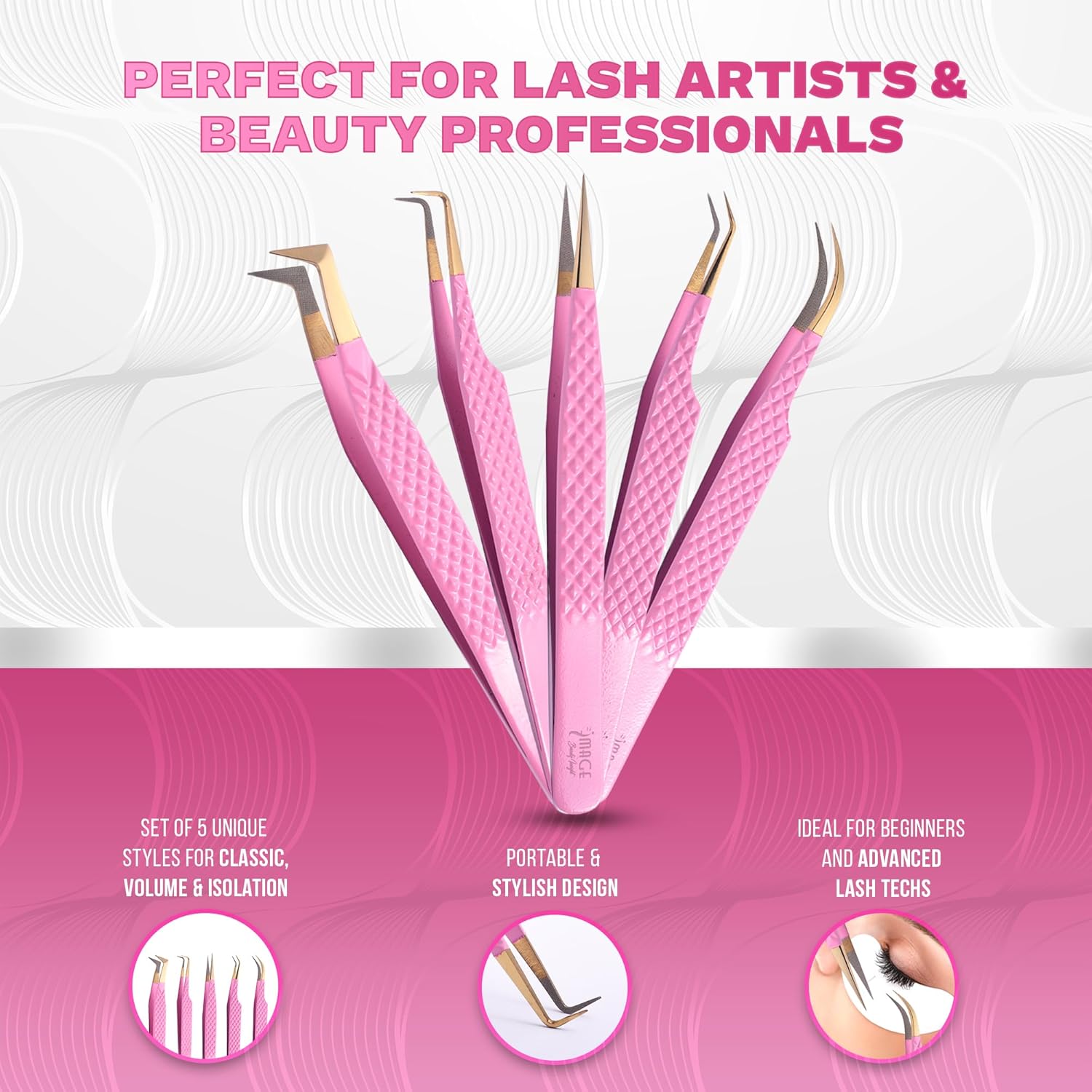 5 Pcs Fiber-Tip Japanese Steel Lash Tweezer Set with Leather Case, Professional Eyelash Tweezers for Lash Extensions – Titanium Coated, 90 & 45 Angled, Precision Pointed Tweezers (PINK)-Velvo Beauty