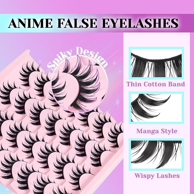 Losha Lashes Spiky Manga Lashes 14 Pairs Anime False Eyelashes 8D Wispy Asian Eye Lashes Pack Natural Soft Fake Eyelashes (Cutes Only)-Velvo Beauty