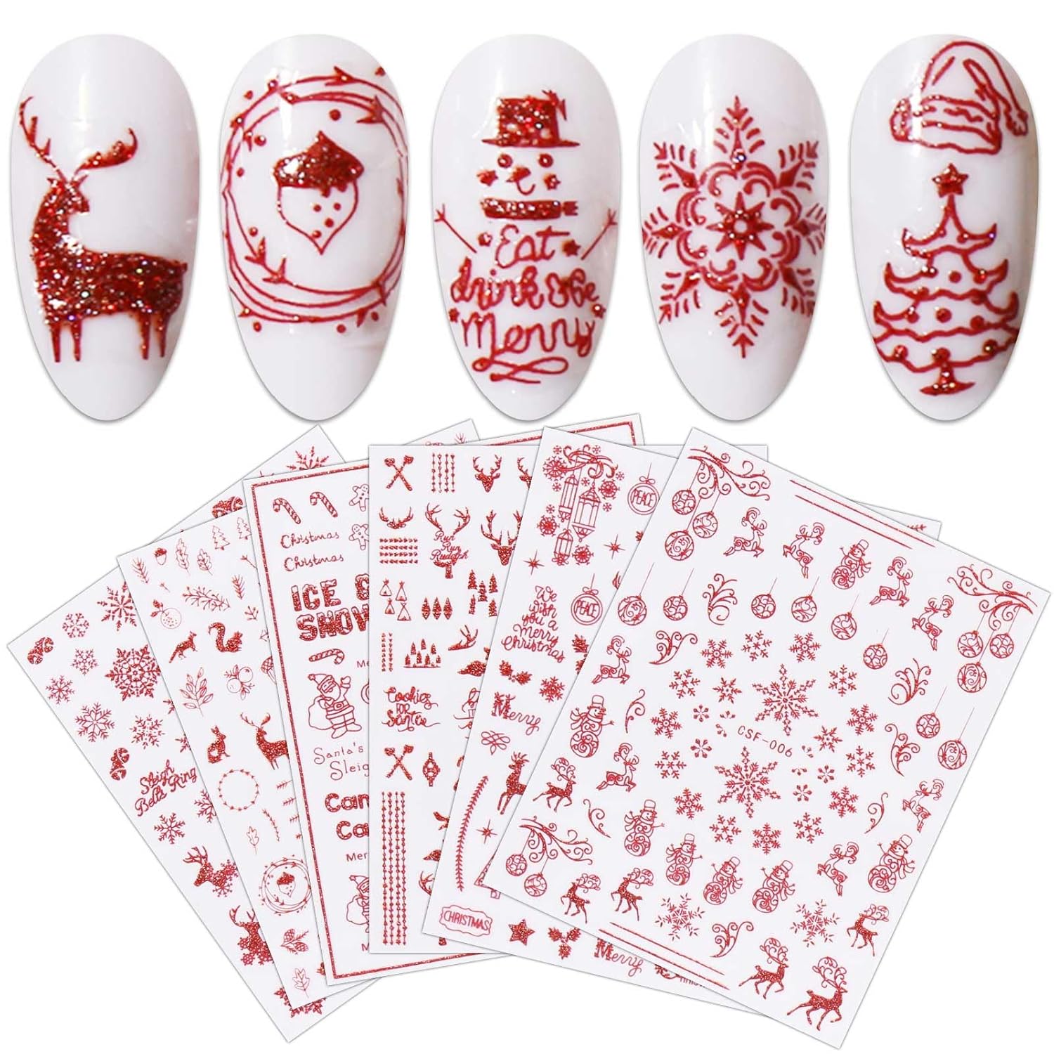 JMEOWIO 9 Sheets Christmas Glitter Nail Art Stickers Decals Self-Adhesive Red Nail Supplies Nail Art Design Decoration Accessories-Velvo Beauty