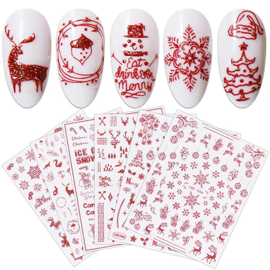 JMEOWIO 9 Sheets Christmas Glitter Nail Art Stickers Decals Self-Adhesive Red Nail Supplies Nail Art Design Decoration Accessories-Velvo Beauty