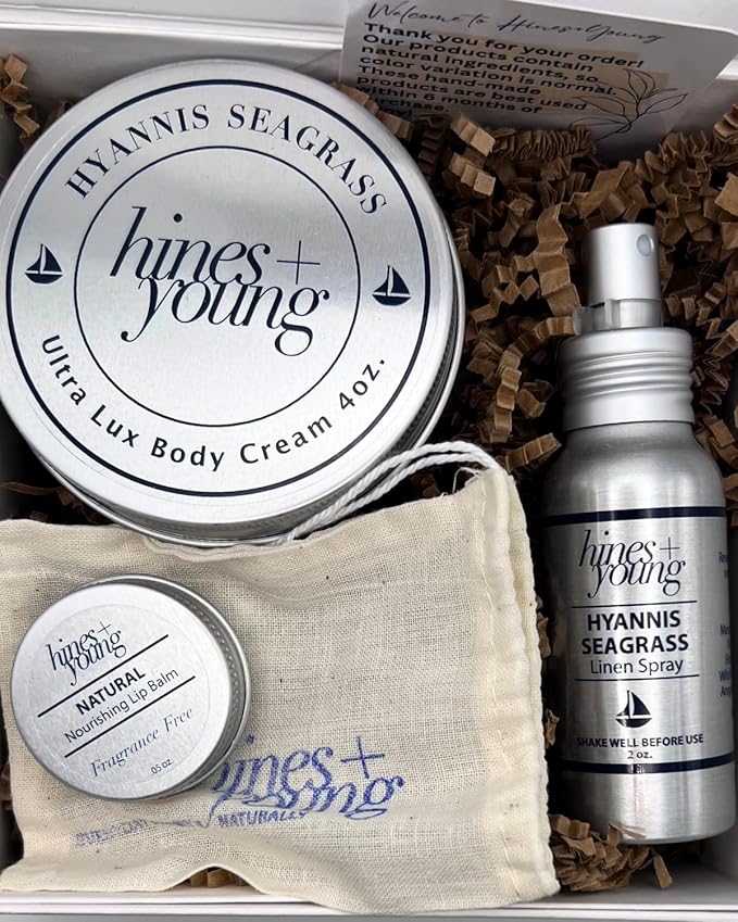 Hines+Young Travel Tins Gift Set - 4 oz Body Cream, 2 oz Linen Spray, Natural Lip Balm - Skin Care and Refreshing Home Fragrance, Ideal Self-Care Gift Set (Pack of 3, Hyannis Seagrass)-Velvo Beauty