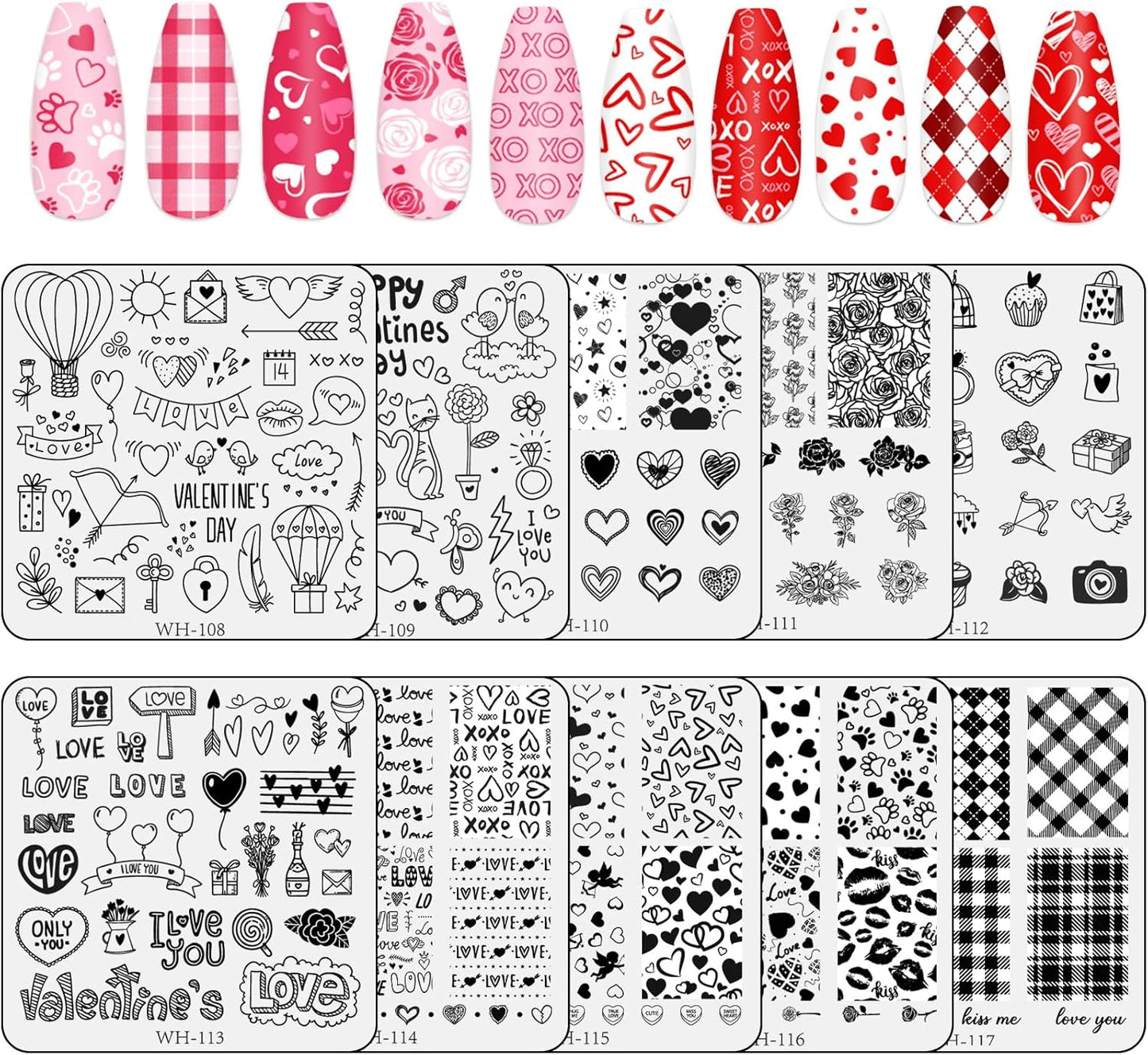 Whaline 10Pcs Valentine's Day Nail Art Stamping Plate Kit Romantic Love Heart Rose Design Nair Art Plate for Wedding Anniversary DIY Print Manicure Salon-Velvo Beauty