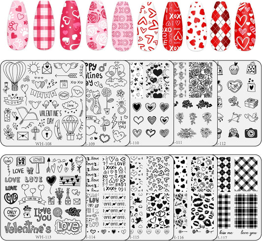 Whaline 10Pcs Valentine's Day Nail Art Stamping Plate Kit Romantic Love Heart Rose Design Nair Art Plate for Wedding Anniversary DIY Print Manicure Salon-Velvo Beauty