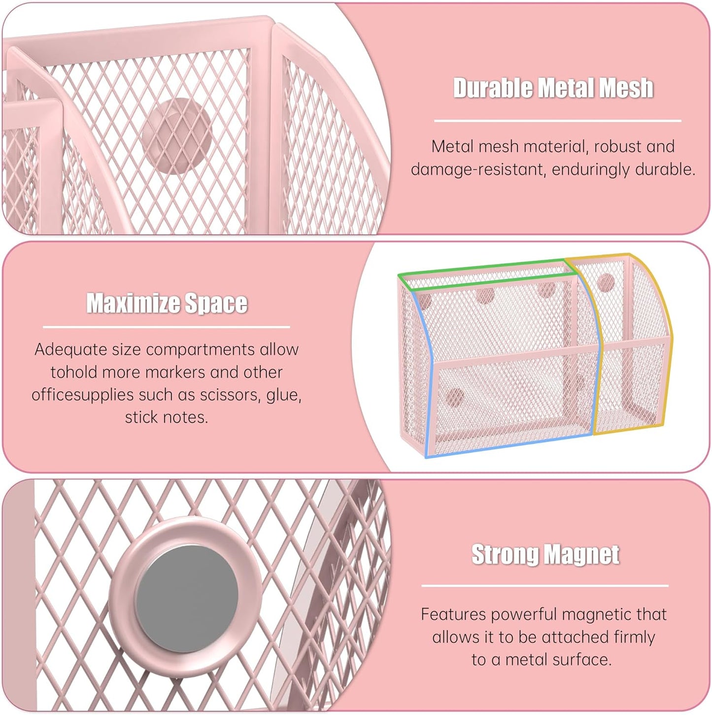 YINGHUA Strong Magnetic Pen Holder for Whiteboard and Refrigerator 3 Compartments Metal Mesh Organizer Space Saving Shelf for Office School Home and Locker - Pink-Velvo Beauty