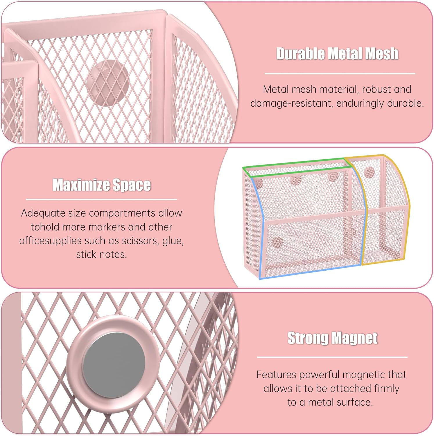 YINGHUA Strong Magnetic Pen Holder for Whiteboard and Refrigerator 3 Compartments Metal Mesh Organizer Space Saving Shelf for Office School Home and Locker - Pink-Velvo Beauty