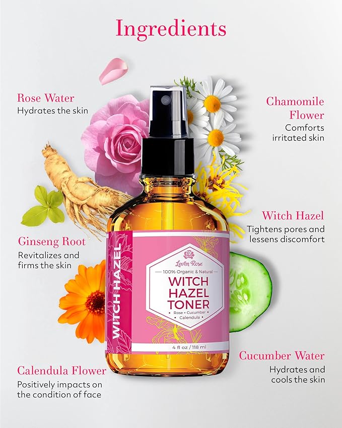 Witch Hazel Alcohol Free Toner by Leven Rose, 100% Pure Organic Facial Rose Water with Rose Petals, Calendula, Cucumber, and Chamomile Flower 4 oz-Velvo Beauty