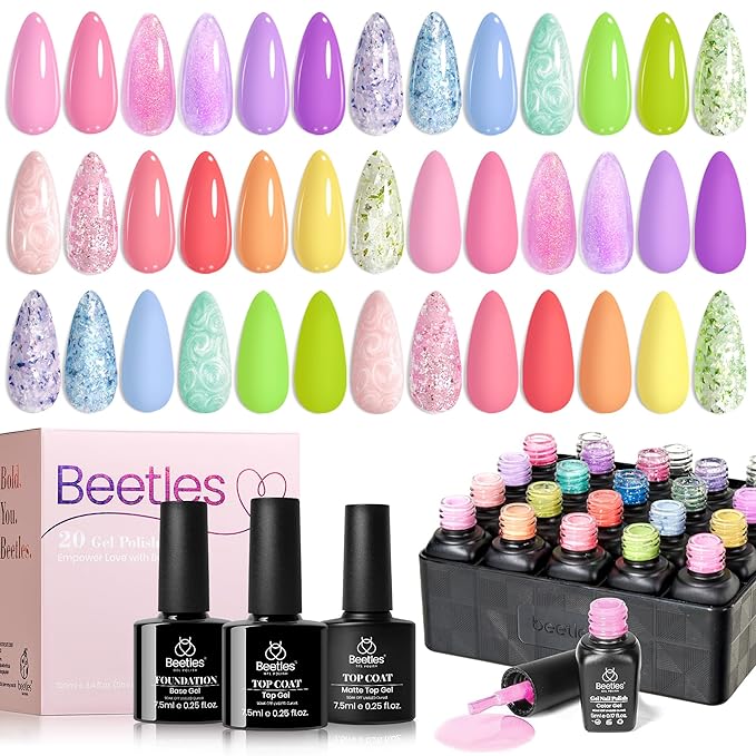Beetles Gel Nail Polish Set - 28 Pcs Pastel Pink Yellow Green Blue Glitter Macaron Color Gel Polish Set Fluttered Eden Soak Off Nail Polish UV LED Nails Art Halloween Gifts for Women Girl-Velvo Beauty