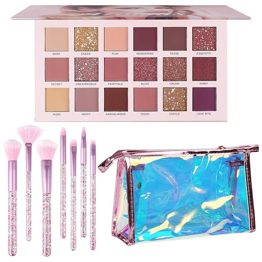 UCANBE Makeup Kit for Women & Teens,18 Colors Nude Eyeshadow +7pcs Soft Makeup Brushes + Pink Cosmetic Bag Makeup Sets, Shimmer Matte Glitter Makeup Palettes Set for Girls Beginners & Professional-Velvo Beauty