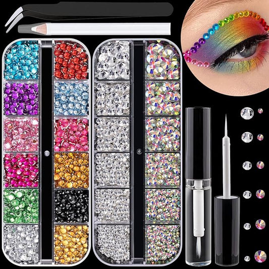 Flat Back Rhinestone Kits Colorful Rhinestones+Crystal AB&Transparent White Face Gems with Quick Dry Makeup Glue+Picker Pencil+Tweezer for Face Makeup and Nail Art-Velvo Beauty