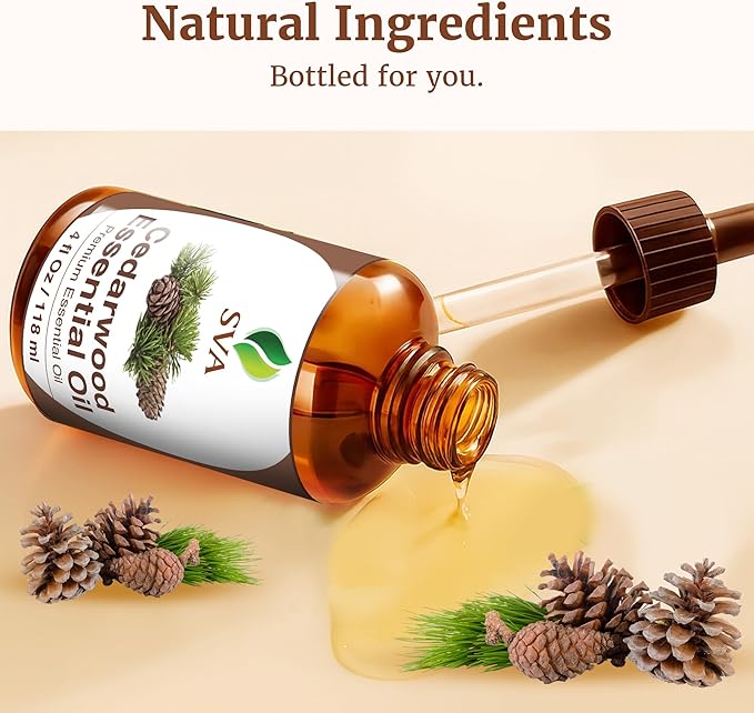 SVA Cedarwood Essential Oil – 4 Fl Oz – 100% Natural Cedar Cupressus Funebris Oil - for Diffuser, Hair Care, Face, Skin Care, Aromatherapy, Scalp and Body Massage, Soap and Candles - with Dropper-Velvo Beauty