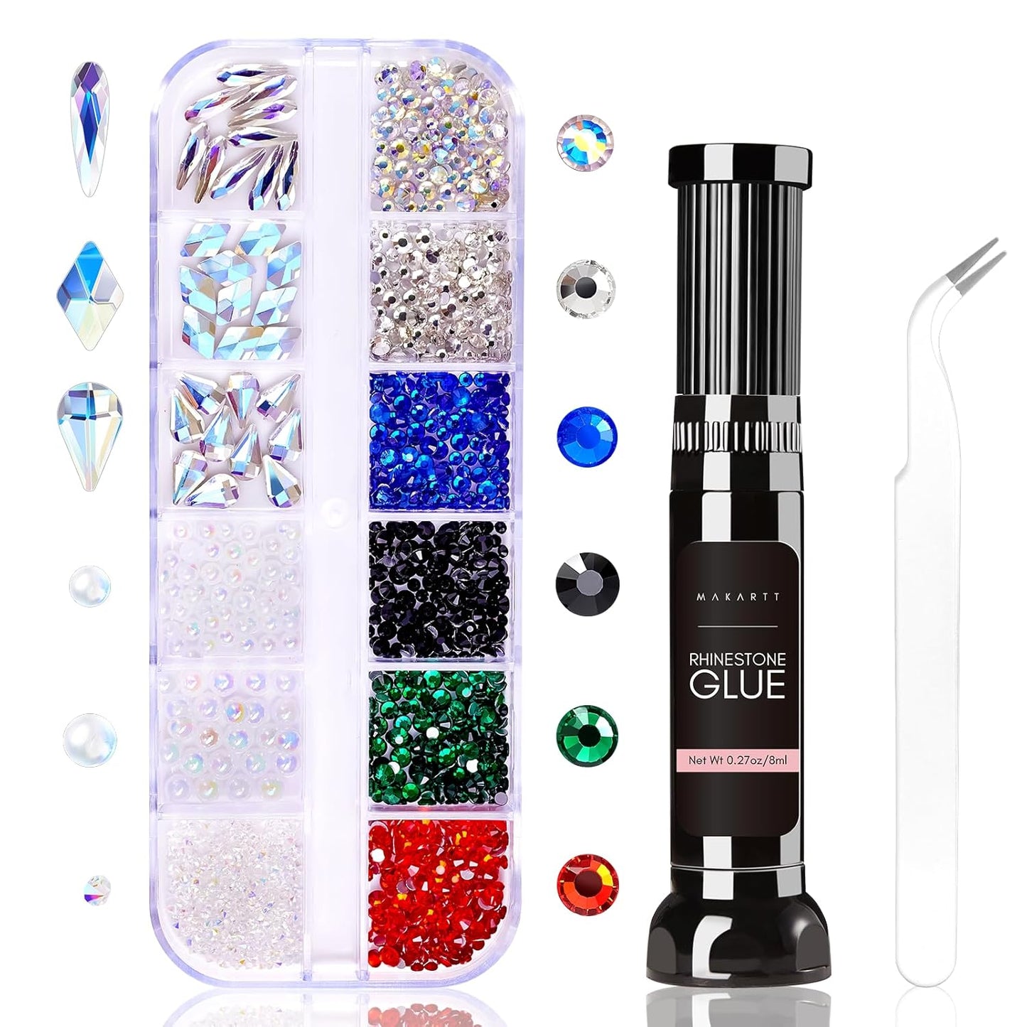 Makartt Rhinestone Glue Kit, 8ml Gel With Brush Pen Tip, Mixed Color Rhinestones, Pearls, Diamonds & Iridescent Crystals for Nail Art, DIY Home Decor, Christmas Design-Velvo Beauty