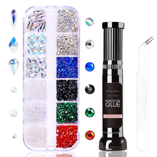 Makartt Rhinestone Glue Kit, 8ml Gel With Brush Pen Tip, Mixed Color Rhinestones, Pearls, Diamonds & Iridescent Crystals for Nail Art, DIY Home Decor, Christmas Design-Velvo Beauty