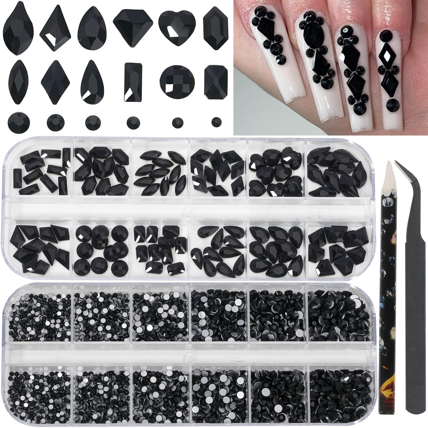 HNUIX Nail Rhinestones - 3D Multi Shape Size Crystal, Black Nail Gems, Flat Back, with Kit, for Nail Art, DIY Decorations-Velvo Beauty