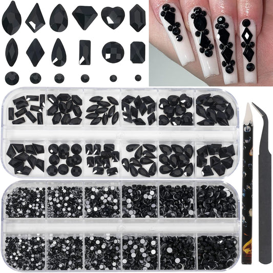 HNUIX Nail Rhinestones - 3D Multi Shape Size Crystal, Black Nail Gems, Flat Back, with Kit, for Nail Art, DIY Decorations-Velvo Beauty