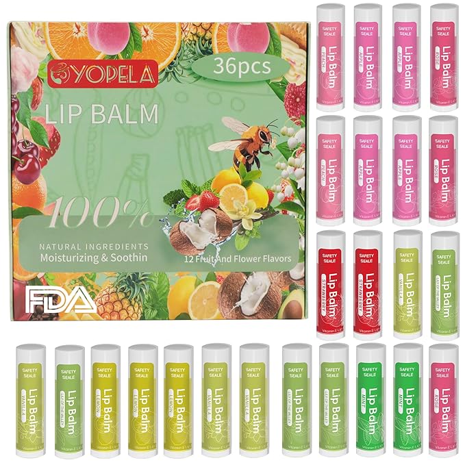 36 Pack Natural Lip Balm Bulk with Vitamin E and Coconut Oil - Moisturizing, Soothing, and Repairing Dry and Chapped Lips - 12 Flavors - Non-GMO-Velvo Beauty