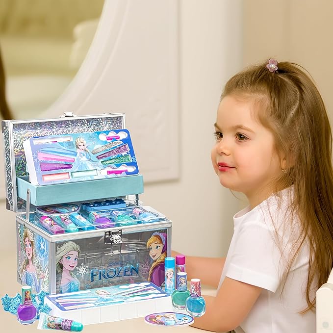 Disney Frozen Train Case Girls Beauty Set, Kids Makeup Kit for Girls, Real Washable Toy Makeup Set, Frozen Gift, Play Makeup, Pretend Play, Party Favor, Birthday, Toys Ages 3 4 5 6 7 8 9 10 11 12-Velvo Beauty