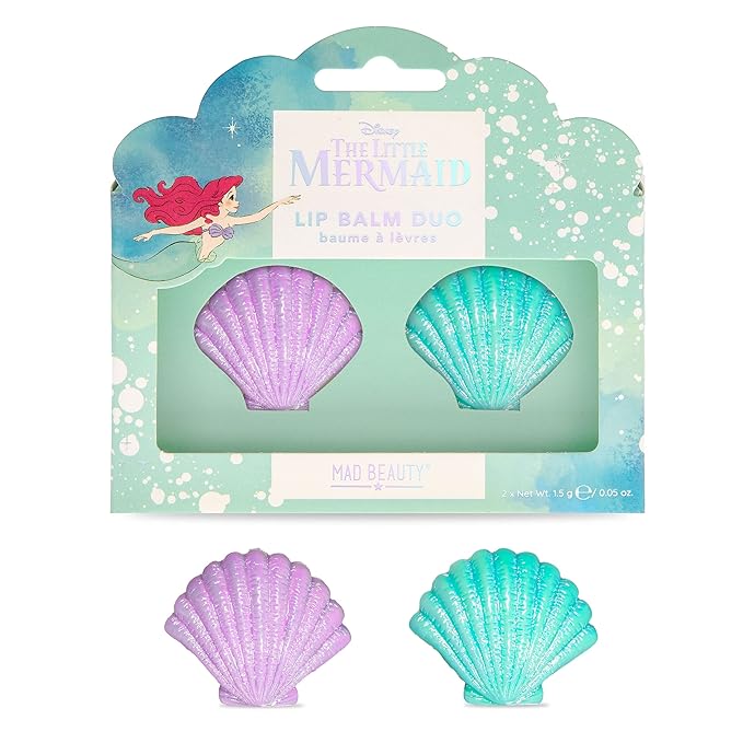 MAD BEAUTY Disney The Little Mermaid Lip Balm Duo 2-Pack, Cute Shell-Shaped Pots, Strawberry & Blueberry, Moisturize & Hydrate for Soft Fresh Lips, Great Gift, Adorable-Velvo Beauty