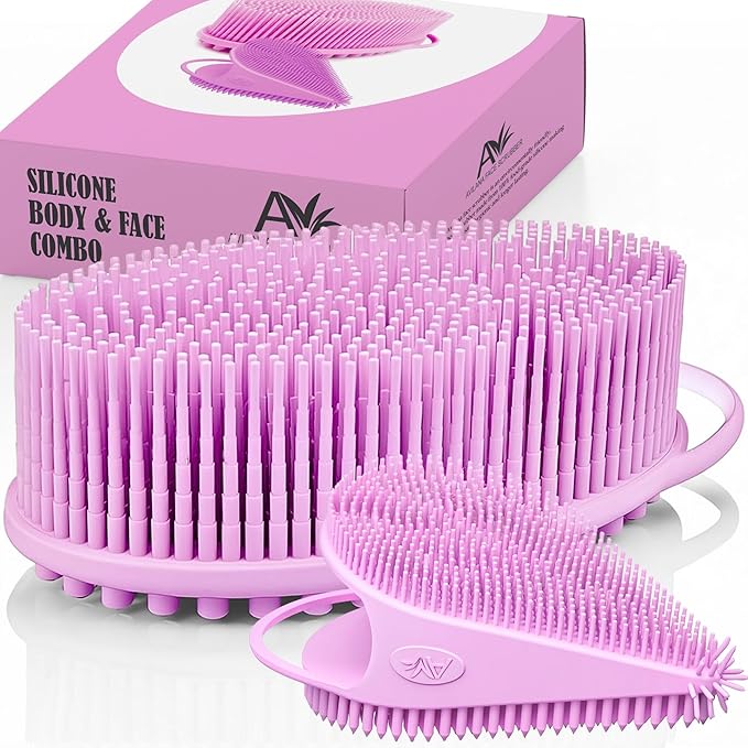 Avilana Silicone Body Scrubber – Gentle Shower Brush & Loofah Alternative- Food Grade & Lab Tested – Fast-Drying, Hygienic, BPA-Free Silicone Body Gentle Exfoliator (Pink, Body & Face)-Velvo Beauty