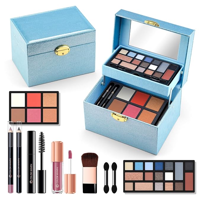 Color Nymph Beginner Makeup Kit For Teens, Girls Makeup kits With Recyclable And Key-Lockable Cabinet Included 17-Colors Eyeshadows Blushes Bronzer Highlighter Lipstick Brushes Mirror(Blue)-Velvo Beauty