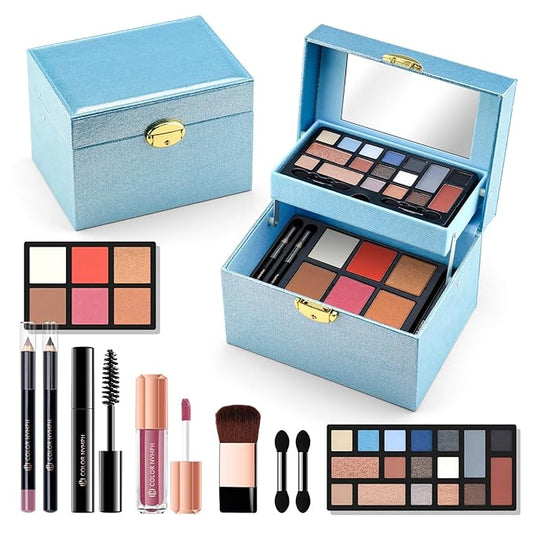 Color Nymph Beginner Makeup Kit For Teens, Girls Makeup kits With Recyclable And Key-Lockable Cabinet Included 17-Colors Eyeshadows Blushes Bronzer Highlighter Lipstick Brushes Mirror(Blue)-Velvo Beauty