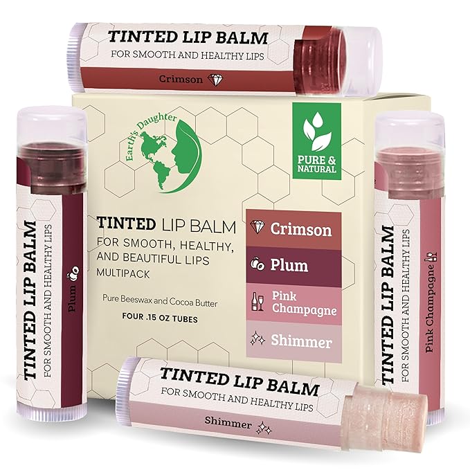 Tinted Lip Balm by Earth’s Daughter – 4 Pack of Assorted Colors – Beeswax, Coconut Oil, Cocoa Butter, Vitamin E – Moisturize and Beautify – Paraben Free-Velvo Beauty