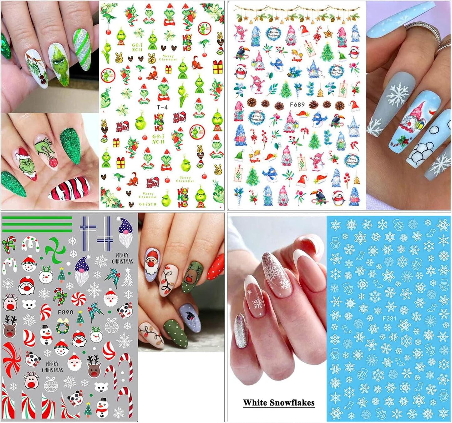 10 Sheets Christmas Nail Stickers 3D Xmas Decals Winter White Snowflake Santa Claus Snowman Bell Reindeer for Women Girls Christmas Designs Decoration Charms-Velvo Beauty
