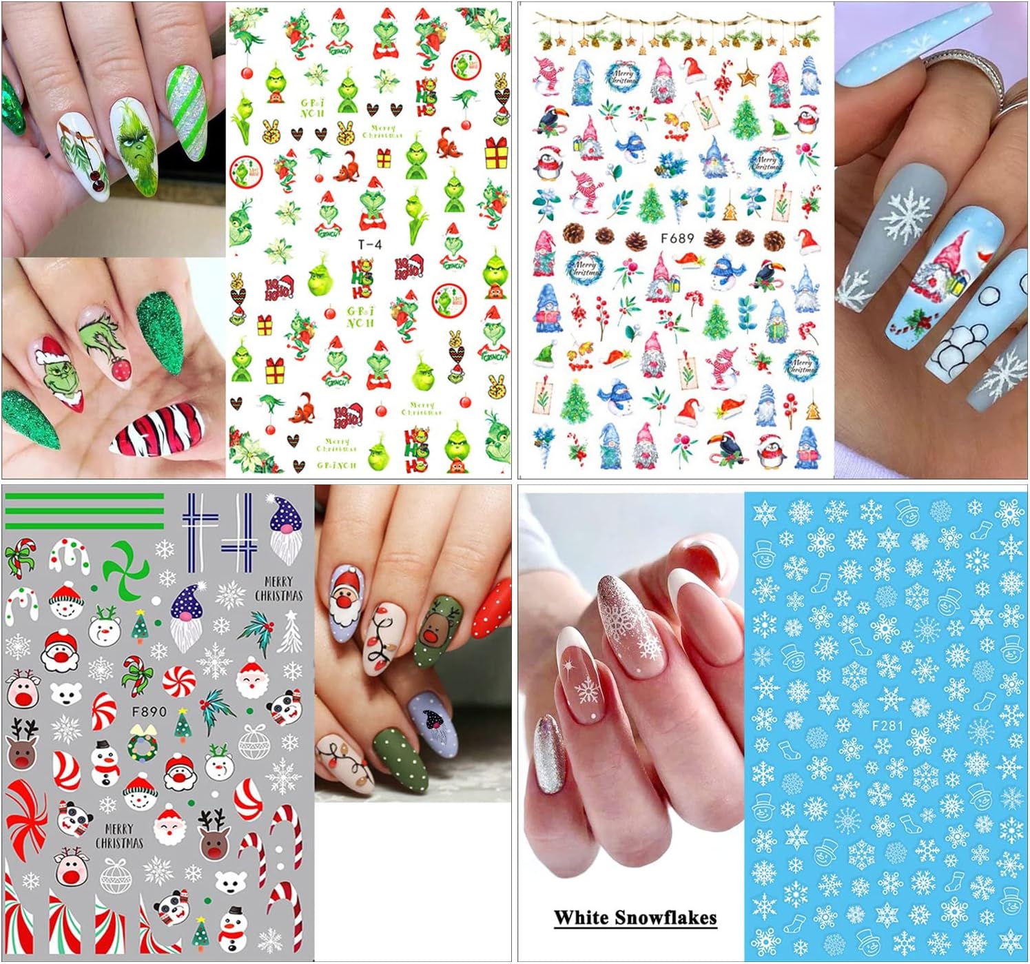 10 Sheets Christmas Nail Stickers 3D Xmas Decals Winter White Snowflake Santa Claus Snowman Bell Reindeer for Women Girls Christmas Designs Decoration Charms-Velvo Beauty