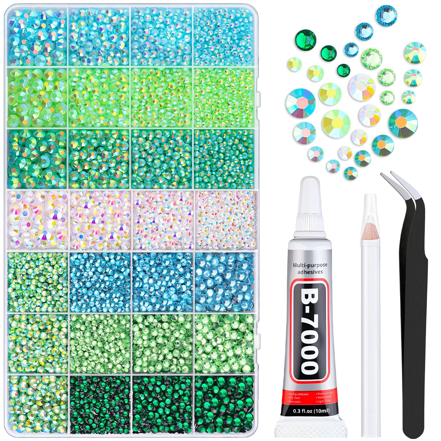 20000Pcs Green Rhinestones for Bedazzling with 1Pcs B7000 Jewelry Glue, Resin Rhinestones for Crafting Crafts DIY, Bedazzler Kit Gems for Clothing Shoes Tumblers Nail Art Assorted Size 3/4/5/6mm-Velvo Beauty