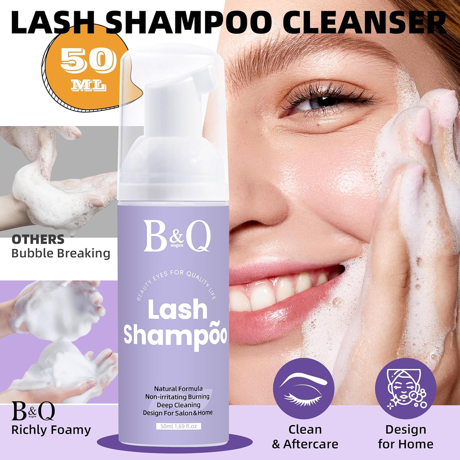 Lash Shampoo Kit Lash Cleaning Kit 50ML Lash Bath Kit Lash Wash for Eyelash Extensions Lash Remover Mascara Brush with Hairband Portable Eyelash Cleanser for Home Use (50ML Shampoo Kit)-Velvo Beauty