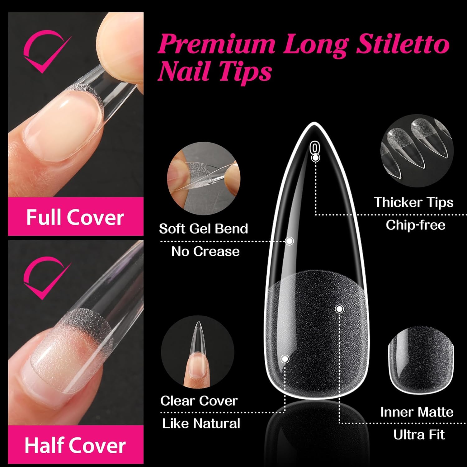 UNA GELLA Long Stiletto Gel Nail Tips Halloween Full Cover 504PCS Pre-shape Long Stiletto Almond Fake Clear Nails Tips No Need File Gel Tips No C Curve for Nail Extension DIY Art Salon 12 Sizes-Velvo Beauty