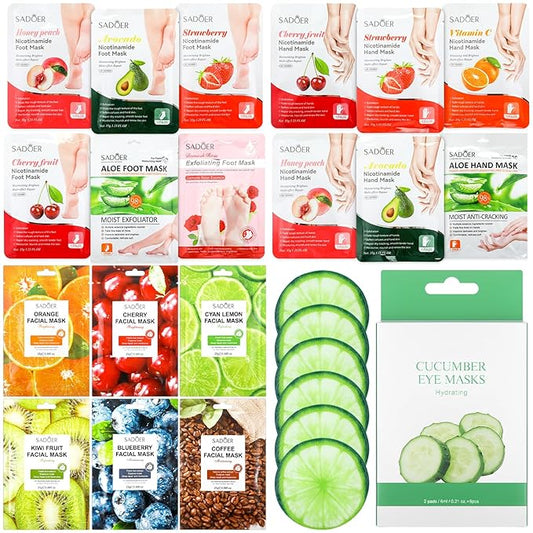 24 Pcs Fruits Beauty Facial Hand Foot Mask Cooling Eye Pads Set Spa Party Night Kit Beauty Skincare Hydrating Skin Cooling Eye Masks for Puffy Eyes Spa Stocking Stuffers Night Summer Party-Velvo Beauty