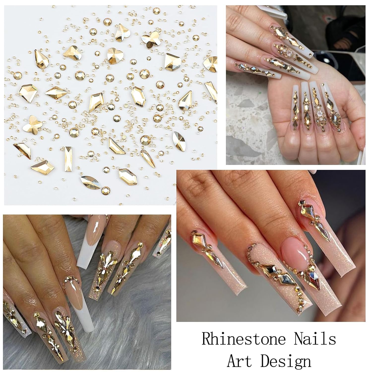 Nail Art Rhinestones with Glue Gel Flatback Nail Charms Luxurious Supplies Accessories Champagne Nails Gems Jewelry for Women Nails DIY Design Decoration,Champagne-Velvo Beauty